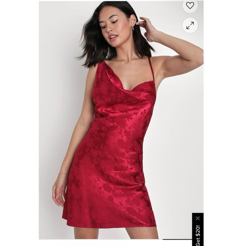Desirable Allure Wine Red Satin Jacquard Cowl Neck Mini Dress xl
